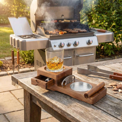 Multifunction Cigar & Whiskey Gift Set Stand with Ashtray and Drawer