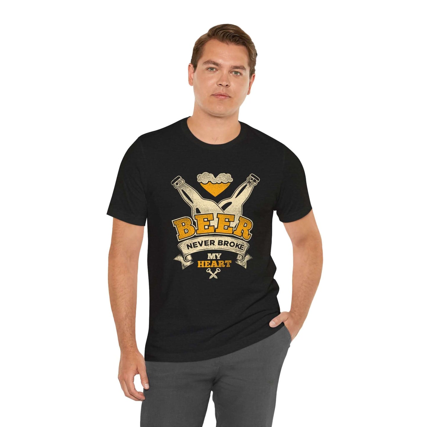BEER NEVER BROKE MY HEART BBQ T-SHIRT
